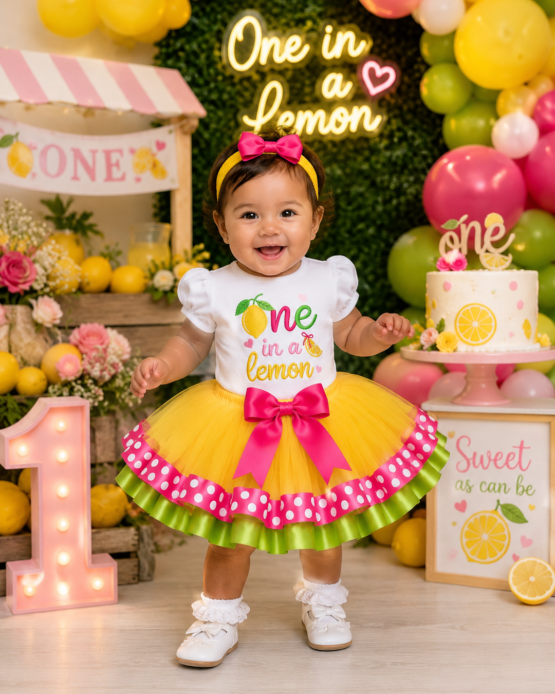 One in a Lemon Birthday Outfit- Embroidered Lemon Shirt &amp; Double Trim Tutu Set