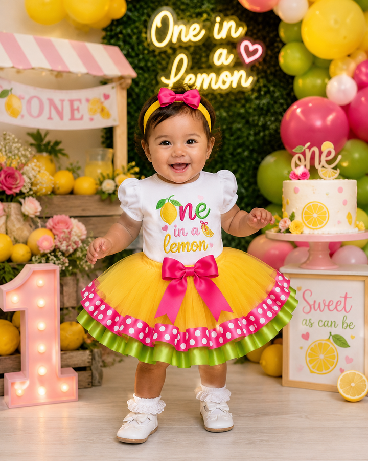 One in a Lemon Birthday Outfit- Embroidered Lemon Shirt &amp; Double Trim Tutu Set