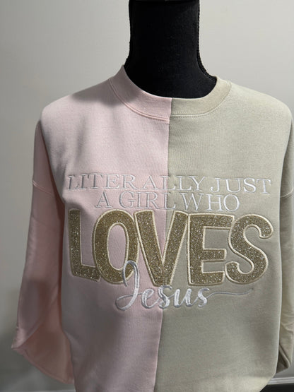 Literally Just a Girl Who Loves Jesus Glitter Appliqué Sweatshirt-split