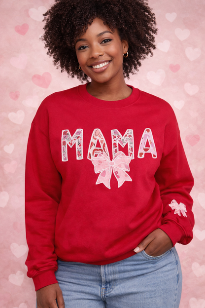 Mama Valentine's Day Sweatshirt| Applique Embroidered MAMA Crewneck with Bow, Cute Valentine Gift for Mom