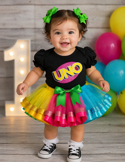 UNO Birthday Tutu Outfit for Girls – Personalized First Birthday Shirt & Rainbow Tutu Skirt Set|Ships today