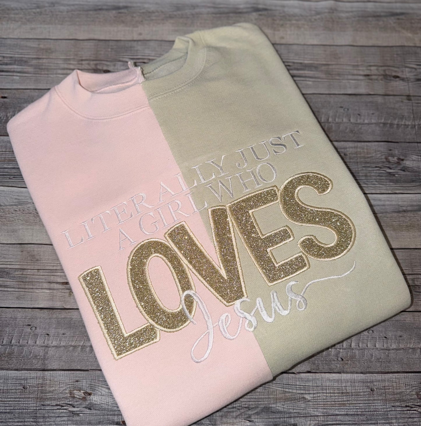 Literally Just a Girl Who Loves Jesus Glitter Appliqué Sweatshirt-split
