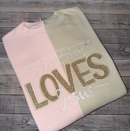 Literally Just a Girl Who Loves Jesus Glitter Appliqué Sweatshirt-split
