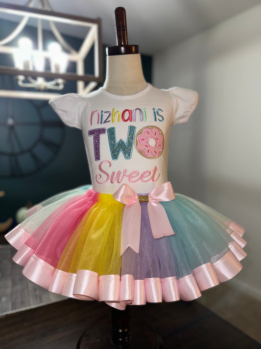 TWO sweet themed birthday outfit, ribbon trimmed skirt with matching donut shirt. 