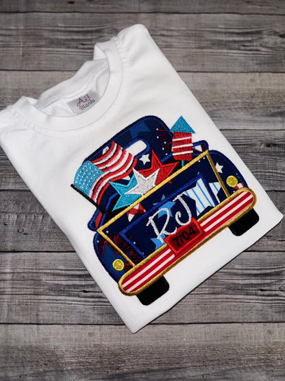 Patriotic Vintage Truck Shirt for Boys – Personalized Fourth of July Embroidered Tee