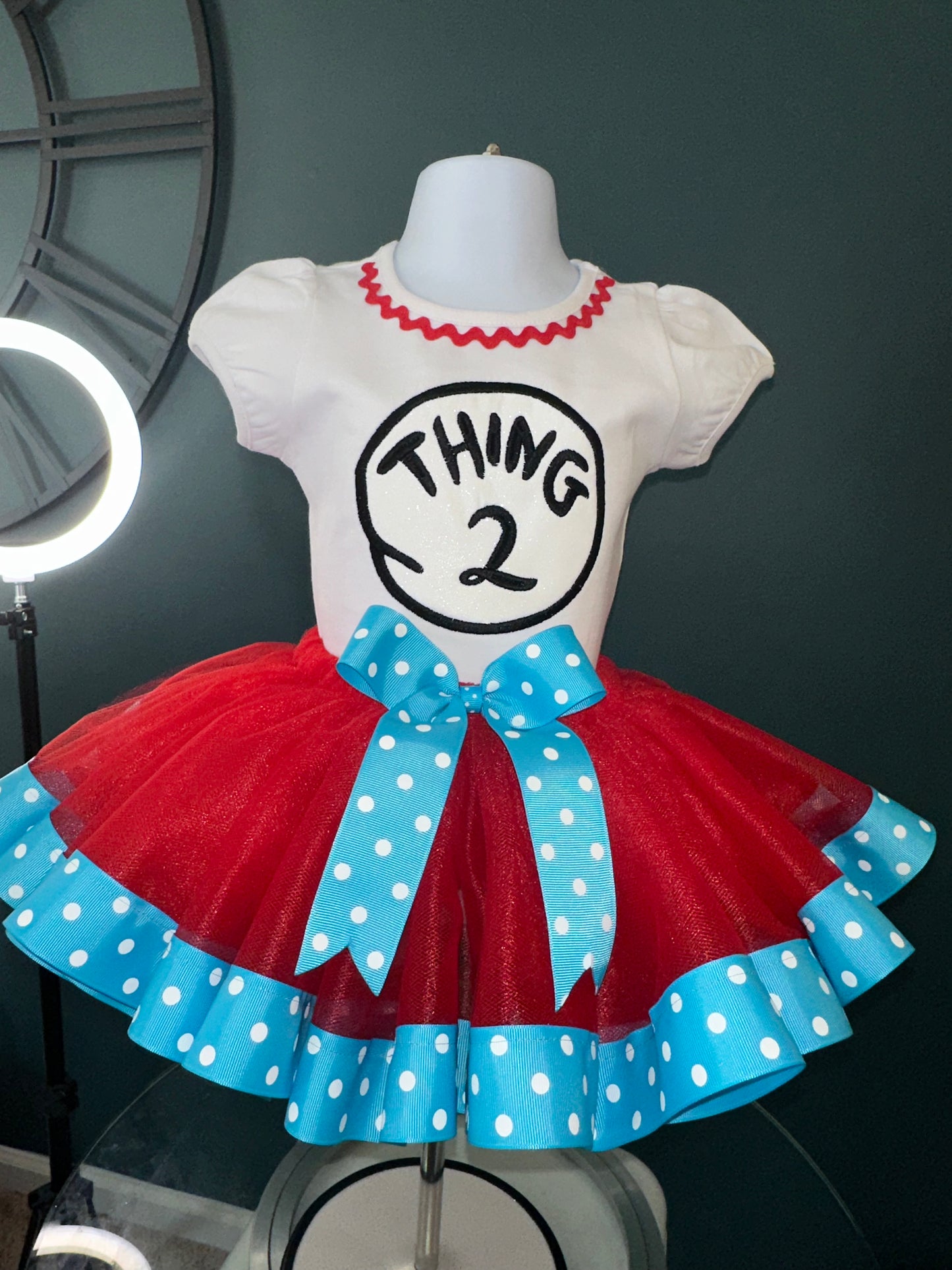 Thing 1 Birthday Tutu Outfit – Dr Seuss Inspired Girl First Birthday Outfit – Red Tutu Set with Blue Polka Dot Bow