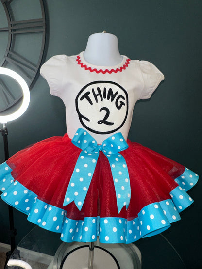 Thing 1 Birthday Tutu Outfit – Dr Seuss Inspired Girl First Birthday Outfit – Red Tutu Set with Blue Polka Dot Bow