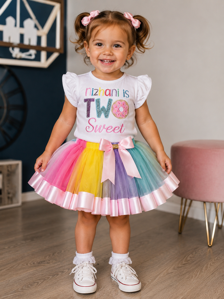 Personalized Two Sweet Birthday Outfit for Girls | Donut 2nd Birthday Shirt &amp; Rainbow Ribbon Trim Tutu Set