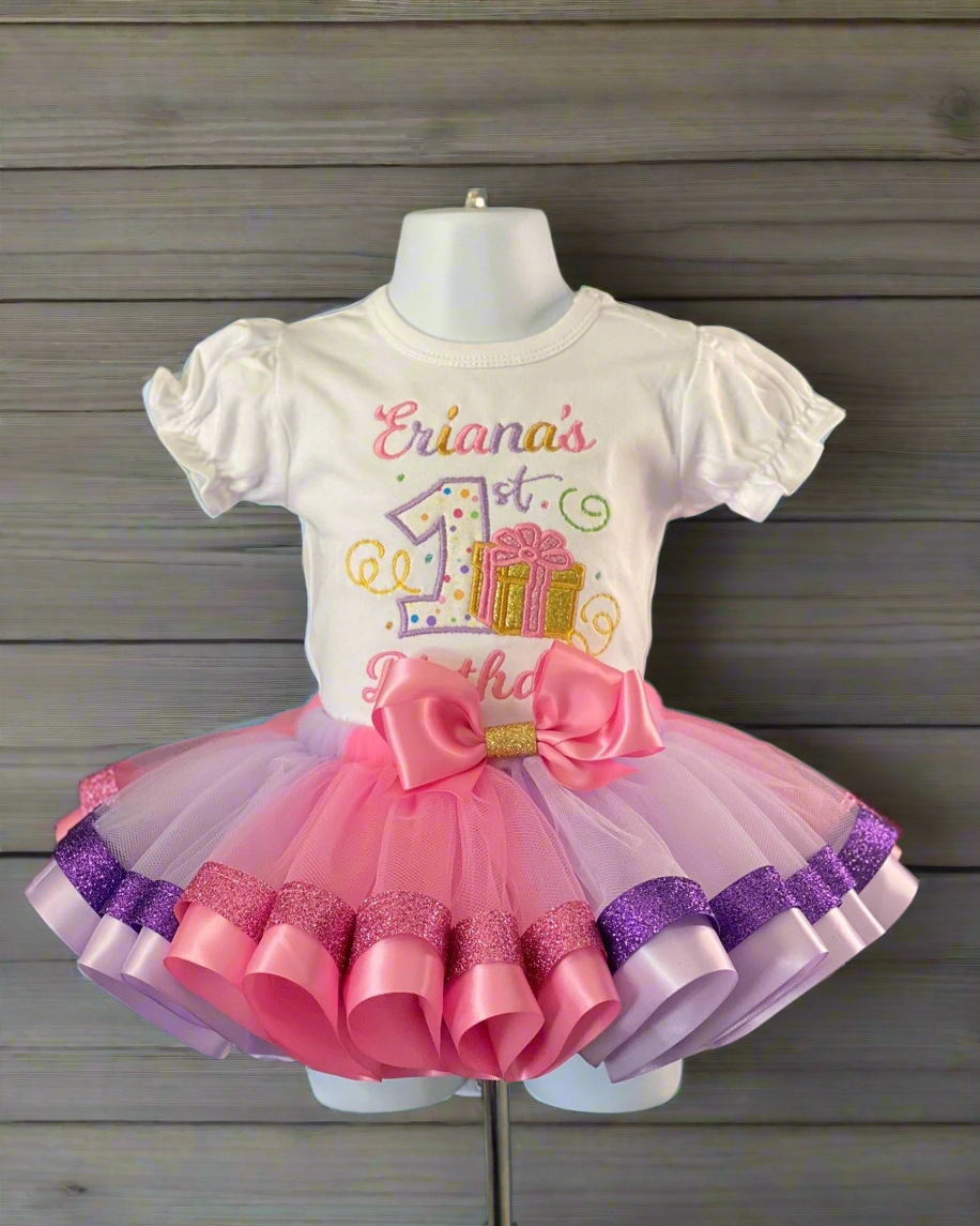 Personalized First Birthday Pink &amp; Purple Tutu Outfit – Custom Name 1st Birthday Shirt &amp; Ribbon Trim Tulle Skirt Set
