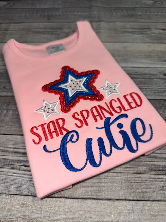 Star Spangled Cutie Embroidered Pink Puff Sleeve Shirt – Girls 4th of July Outfit