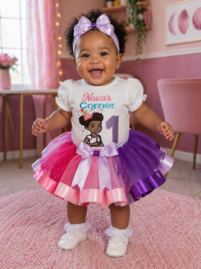 Gracie's Corner First Birthday Outfit Girl| Custom Embroidered Puff Sleeve shirt & Tutu Set| Sizes 0M-12Y