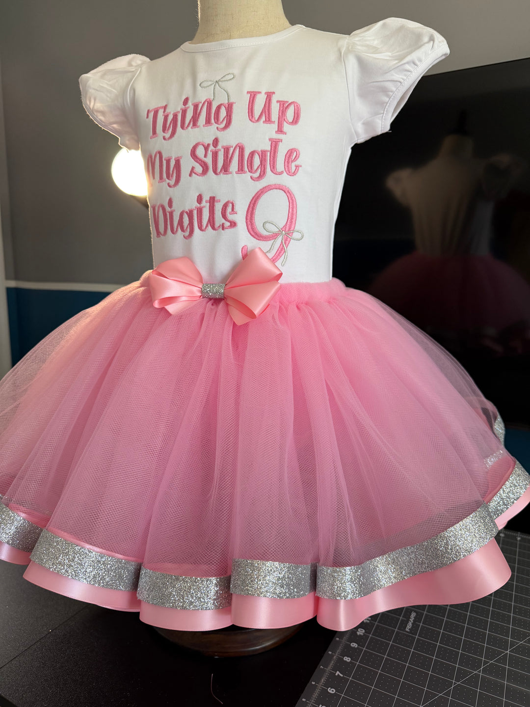 Tying Up My Single Digits 9th Birthday Outfit Girl| Custom Embroidered Shirt &amp; Tutu Set| Sizes 6M-12Y