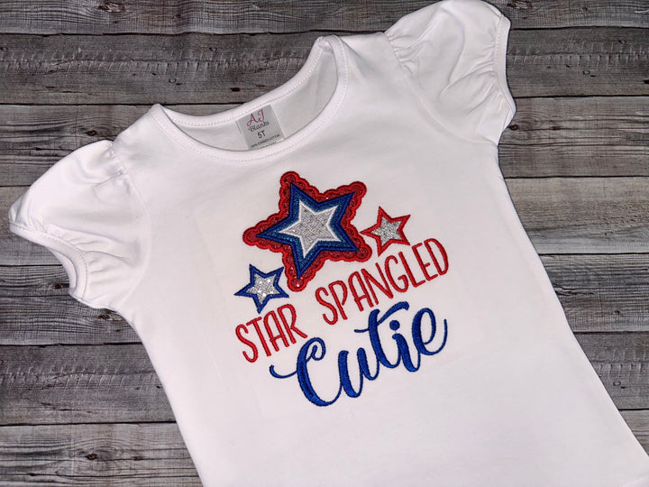Fourth of July shirt for girls. embroidered Star Spangled Cutie cotton shirt