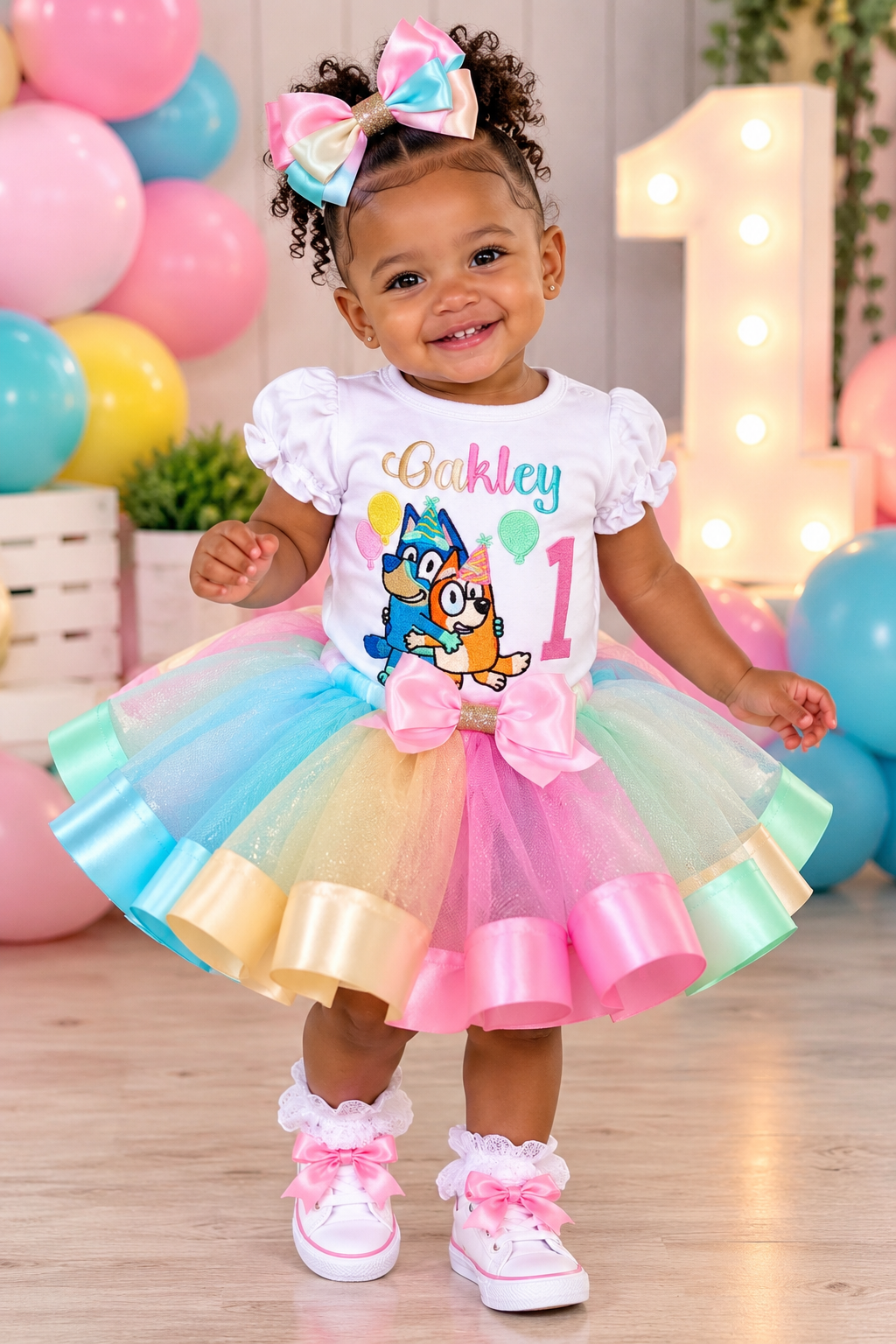 A toddler girl wearing a colorful first birthday costume with a white ruffled top, a pastel tulle tutu skirt in blue, pink, yellow, and green, and a large pink bow. She is smiling in a decorated party setting with balloons and a large number 1 backdrop.