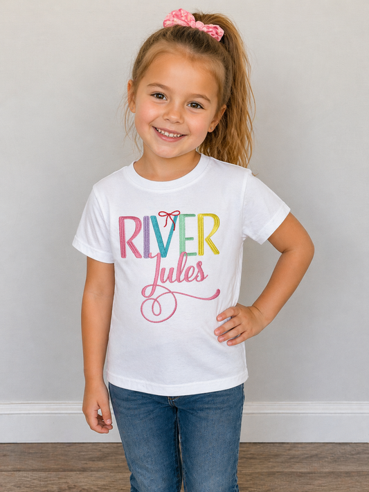 Girls Custom Embroidered Name Shirt – Pastel Rainbow Script Shirt – Personalized KidsTee