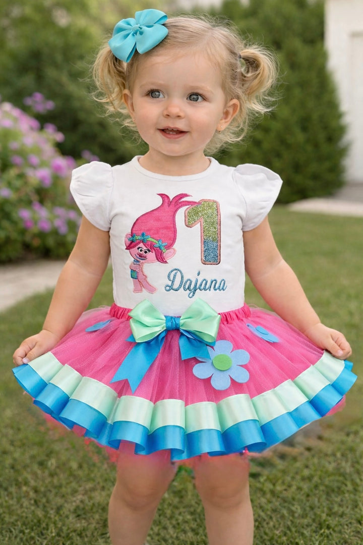 Trolls Inspired Birthday Outfit for Girls| Custom Embroidered Shirt &amp; Tutu Set| Sizes 0M- 12Y