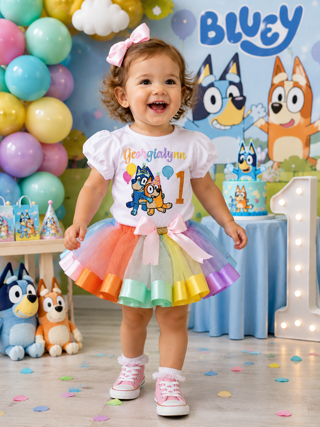 Child in a colorful outfit with 'Bluey' characters and balloons in the background