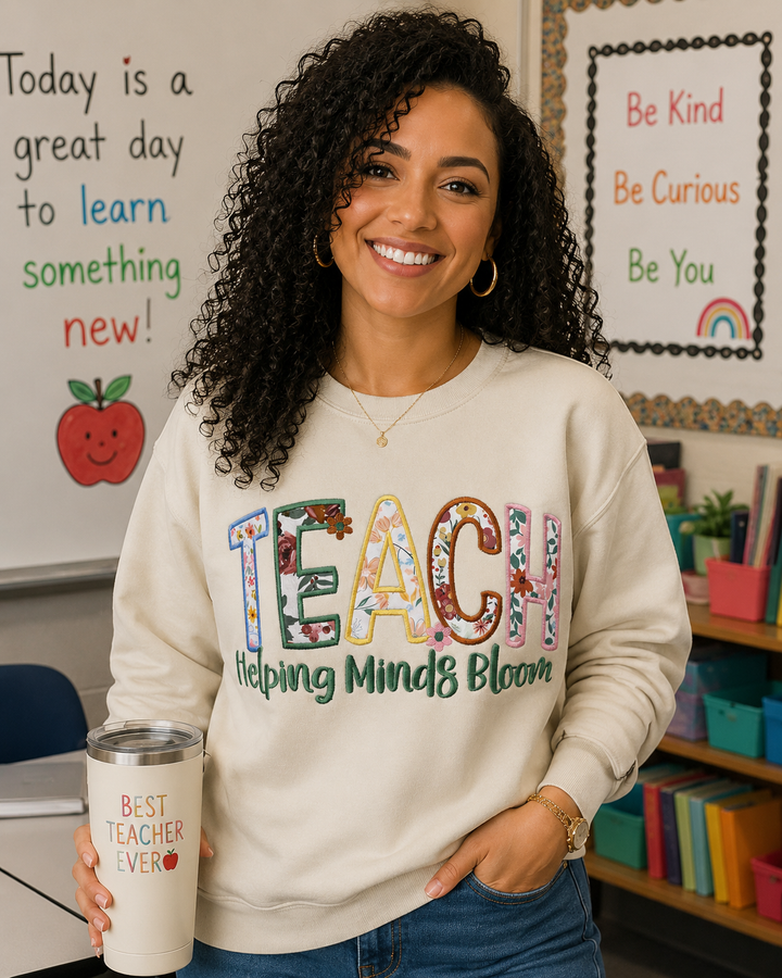 Helping Minds Bloom Embroidered Teacher Sweatshirt