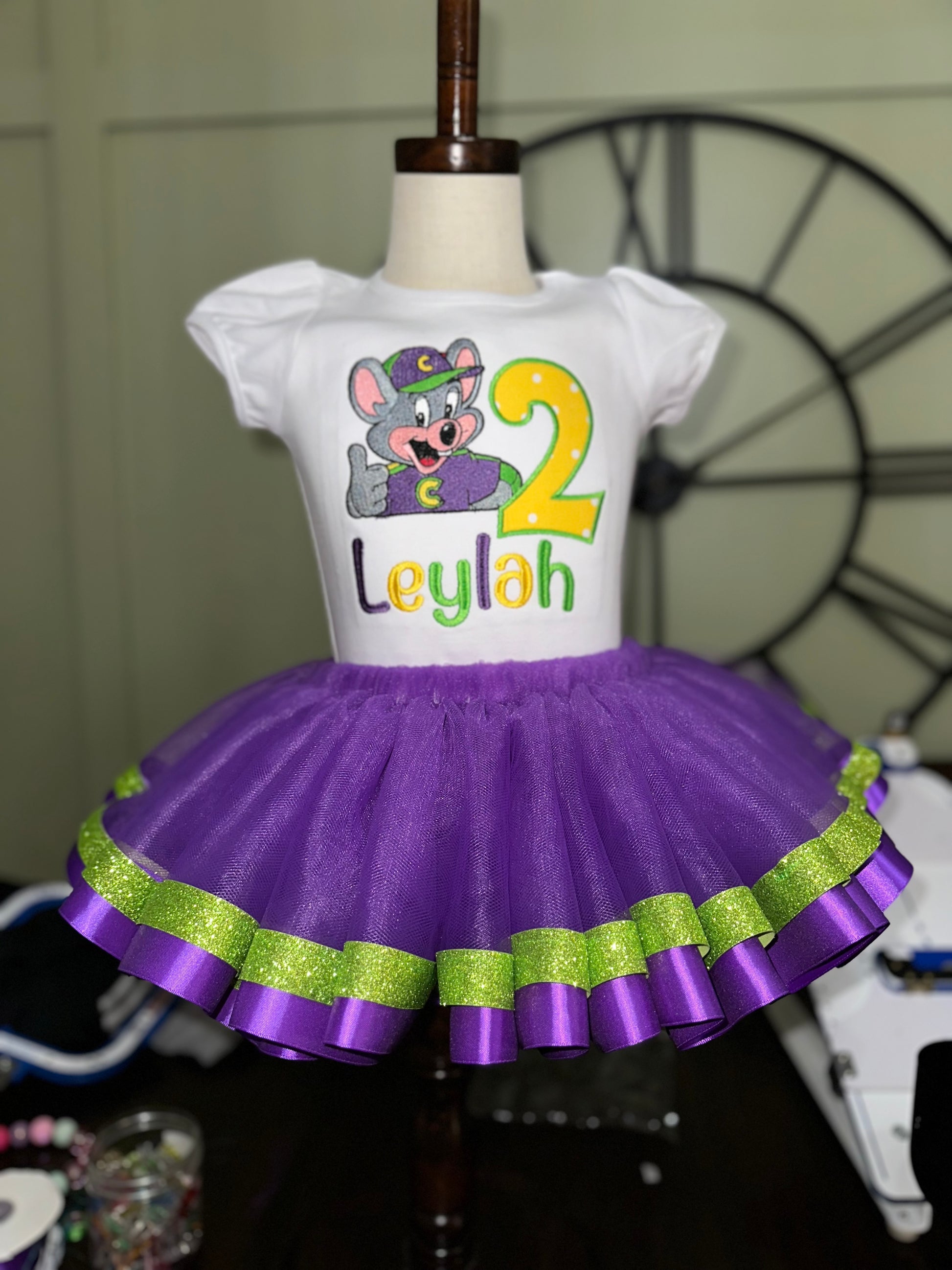 Embroidered Chuck E. Cheese birthday outfit for girls 