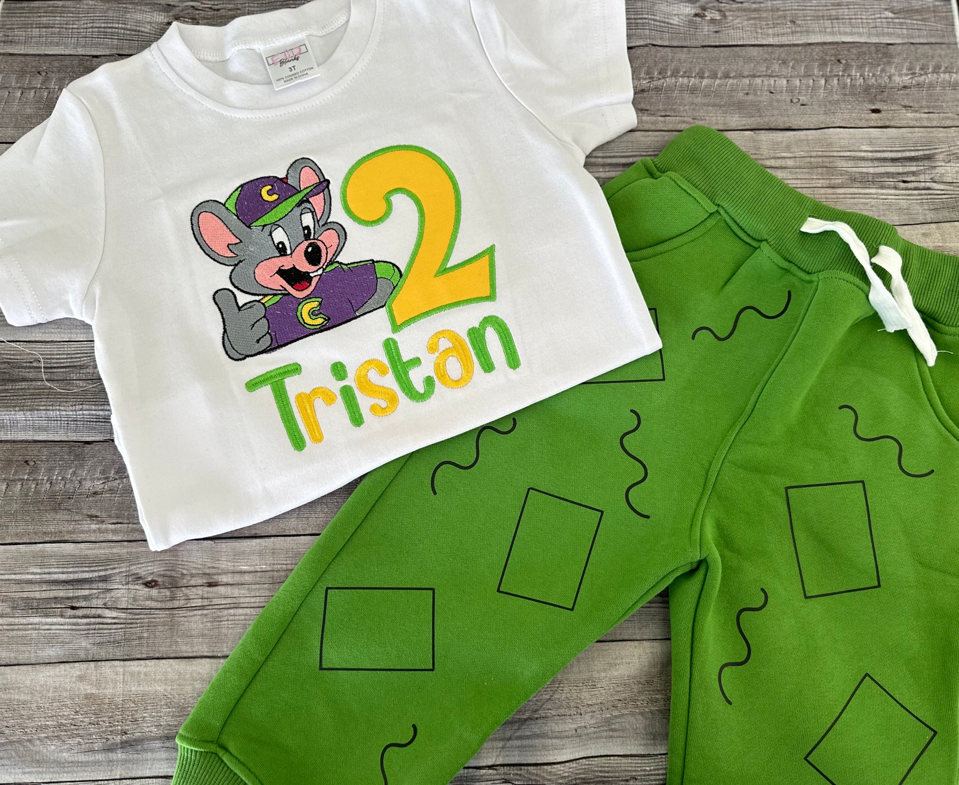 Embroidered Chuck E. Cheese outfit for boys 