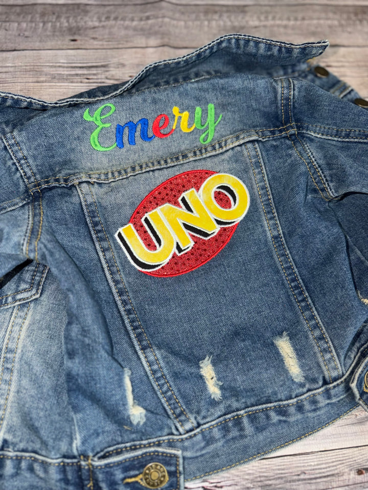 Personalized Uno denim jacket|Custom denim jacket for girls| 1st birthday