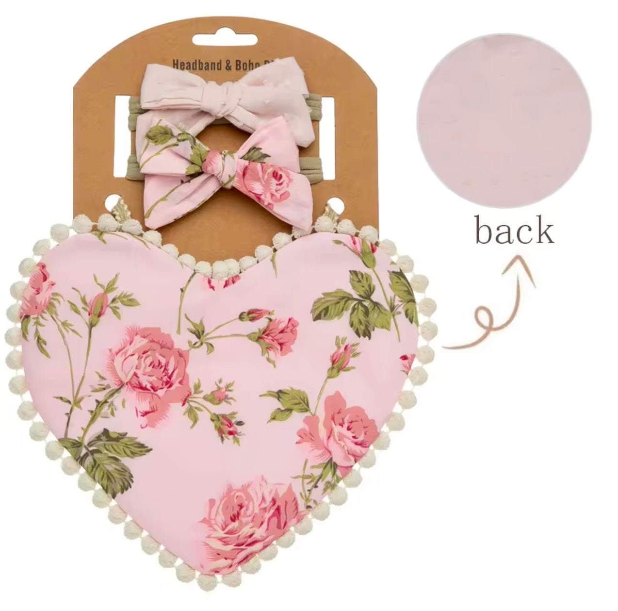 Two-sided floral printed, heart shaped bibs with matching bows