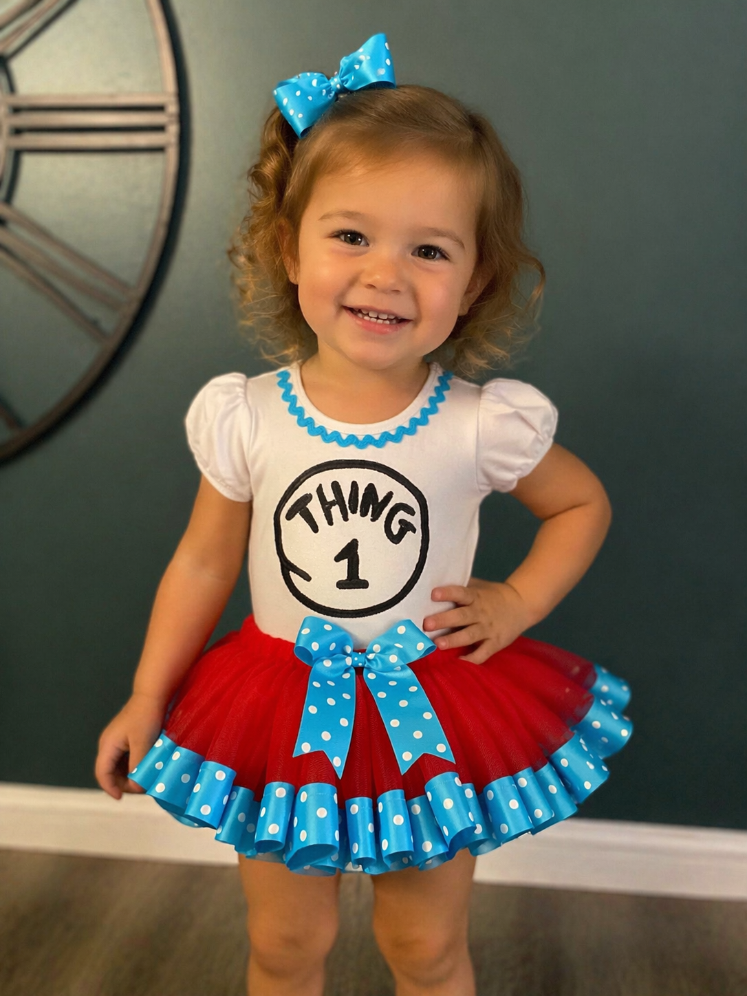 Thing 1 Birthday Tutu Outfit – Dr Seuss Inspired Girl First Birthday Outfit – Red Tutu Set with Blue Polka Dot Bow