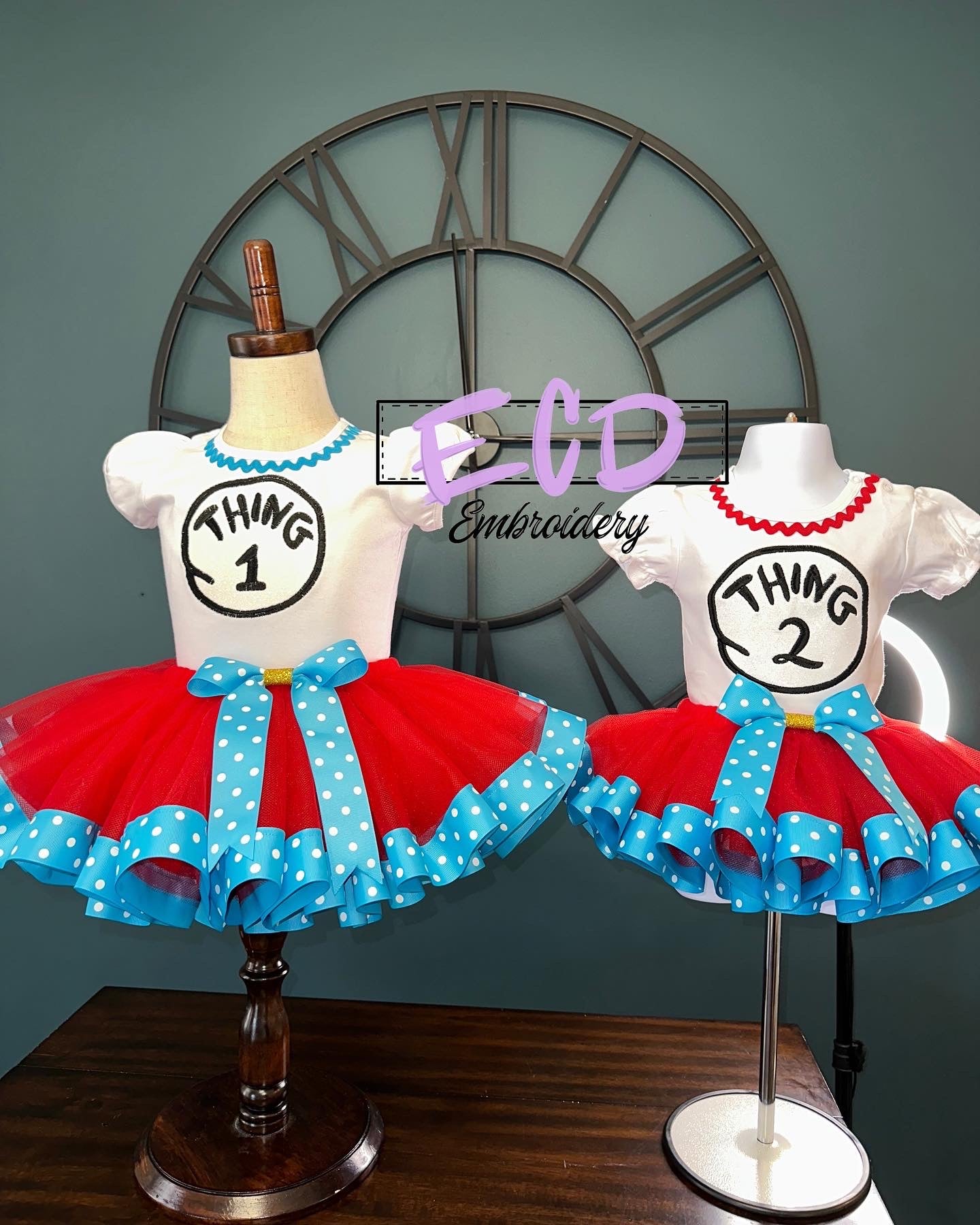 Thing 1 and thing 2 theme birthday outfit for girls. Embroidered on white puff sleeved cotton shirt