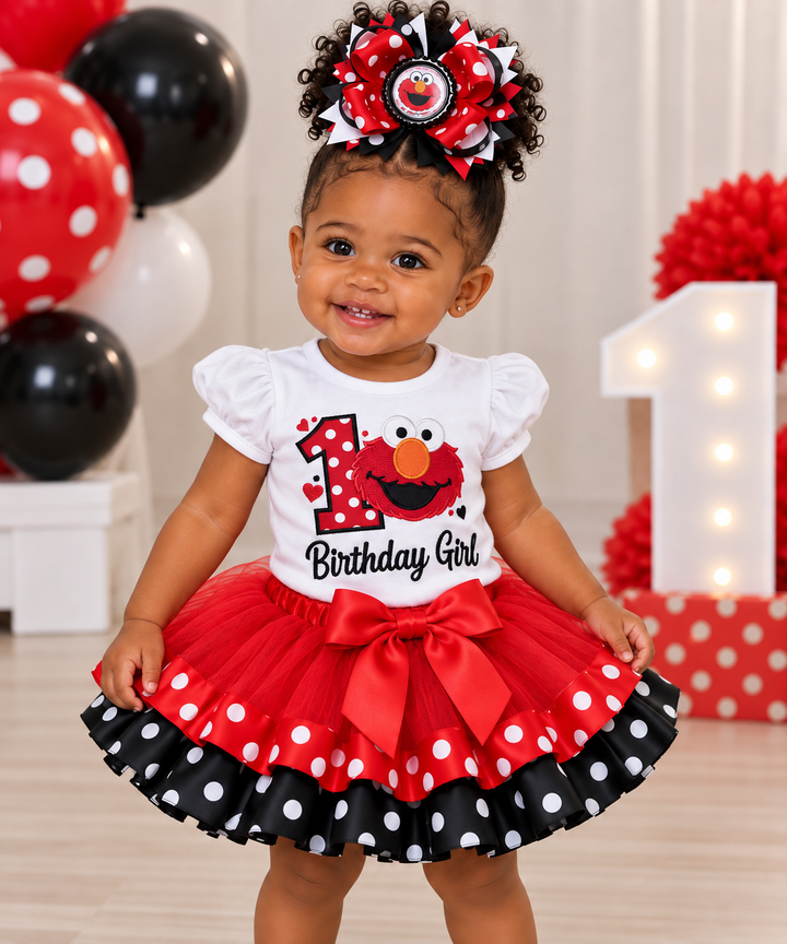 Embroidered white shirt with Elmo and the number 1. With a double layer tulle red skirt. Perfect for Elmo birthday party 