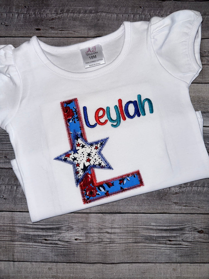 Patriotic Birthday Initial Shirt for Girls – Personalized Embroidered Fourth of July Shirt
