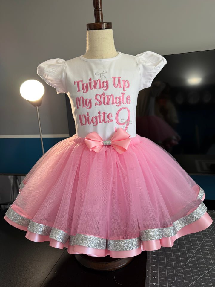 Tying Up My Single Digits 9th Birthday Outfit Girl| Custom Embroidered Shirt &amp; Tutu Set| Sizes 6M-12Y