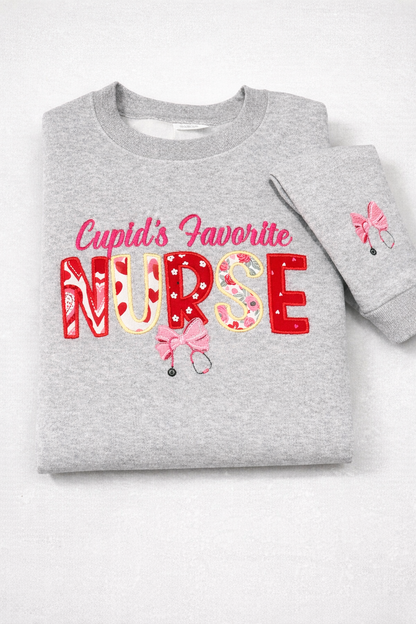 Nurse Valentine's Day Sweatshirt| Cupid's Favorite Nurse Applique Embroidered Sweatshirt Gift for Nurses