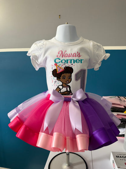 Gracie's Corner First Birthday Outfit Girl| Custom Embroidered Puff Sleeve shirt & Tutu Set| Sizes 0M-12Y