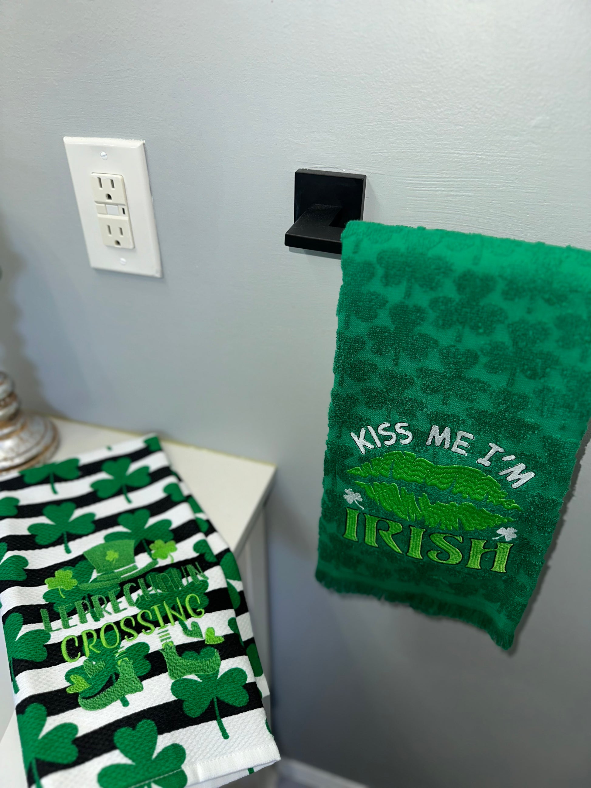 St. Patty's Day bathroom or kitchen towels. Embroidered on pattened and embossed towels
