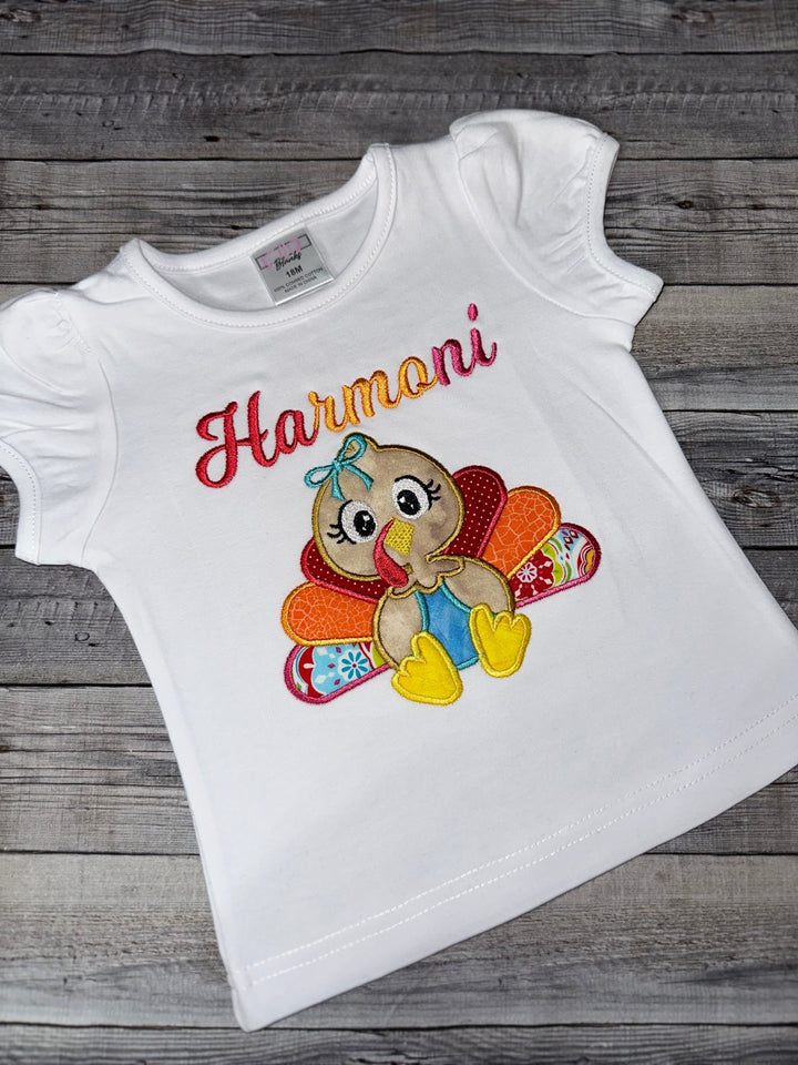 Thanksgiving theme girl shirt with embroidered girl turkey