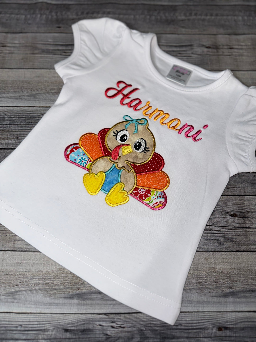 Thanksgiving theme girl shirt with embroidered girl turkey