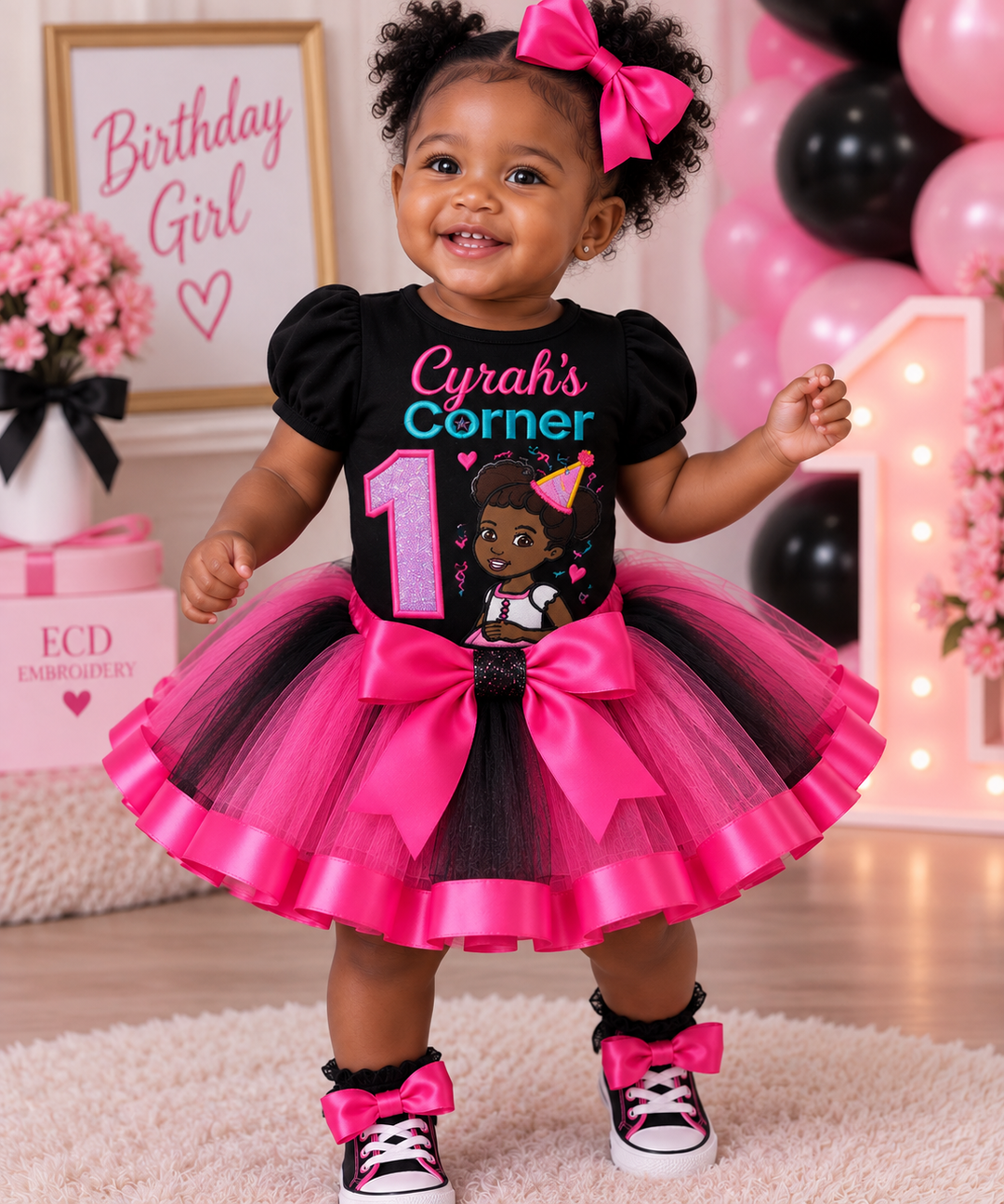 Personalized Gracie’s Corner first birthday outfit with black shirt and pink tutu