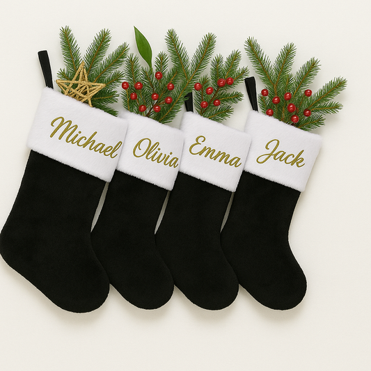 Personalized Red Christmas Stockings with Embroidered Names – Custom Plush Holiday Stockings with Fur Cuff