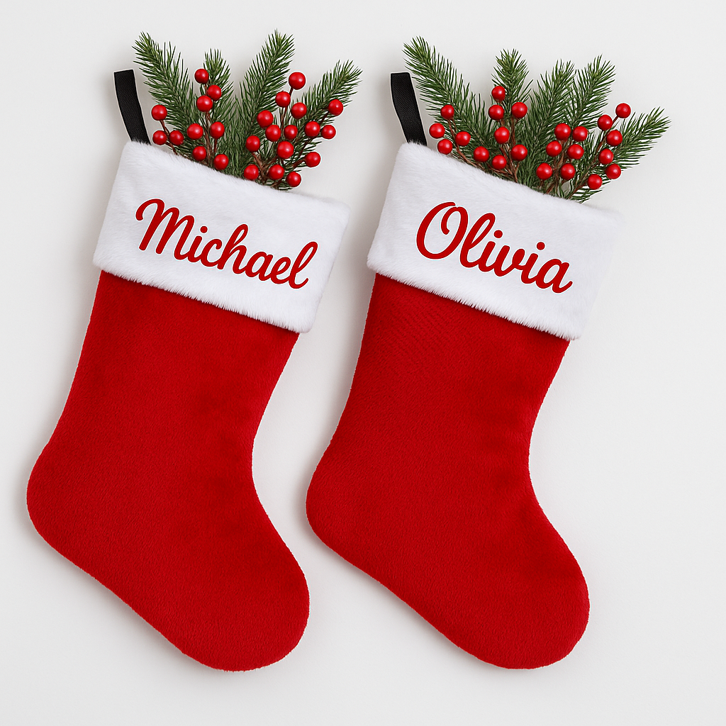 Personalized Red Christmas Stockings with Embroidered Names – Custom Plush Holiday Stockings with Fur Cuff