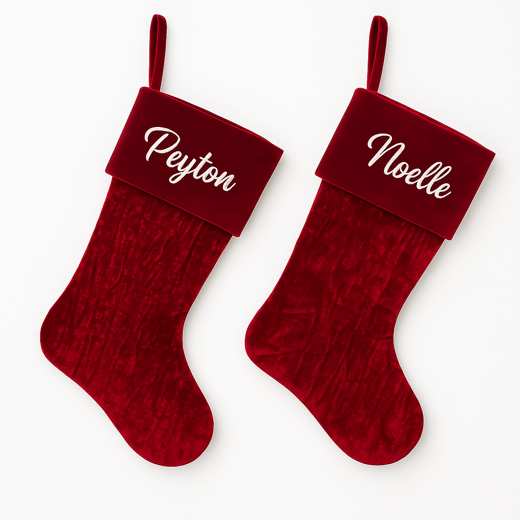 Personalized Red Velvet Christmas Stockings with Embroidered Names (while supplies last)