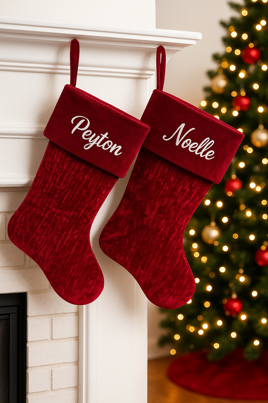 Personalized Red Velvet Christmas Stockings with Embroidered Names (while supplies last)