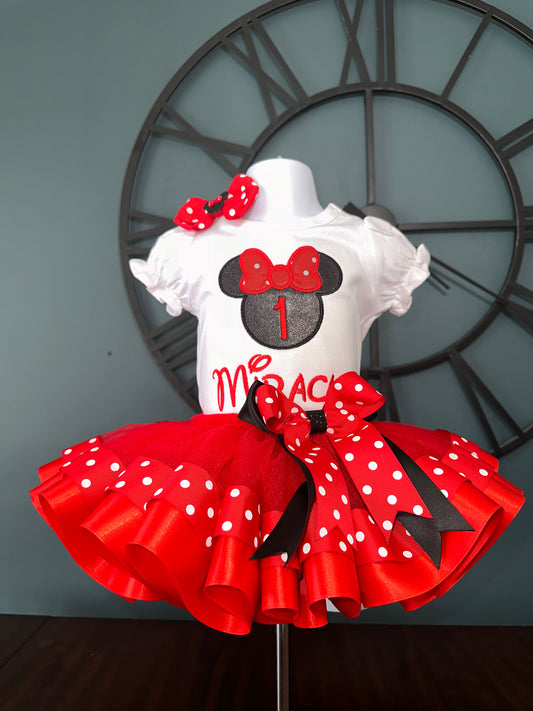 minnie mouse birthday outfit for 1 year old. red tulle skirt with polkadot trim. and matching embroidered shirt