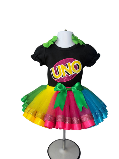 UNO Birthday Tutu Outfit for Girls – Personalized First Birthday Shirt & Rainbow Tutu Skirt Set|Ships today