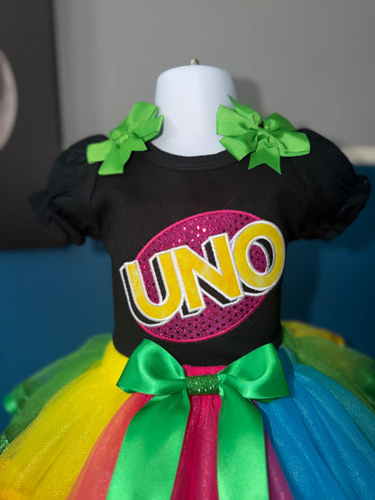 UNO Birthday Tutu Outfit for Girls – Personalized First Birthday Shirt & Rainbow Tutu Skirt Set|Ships today