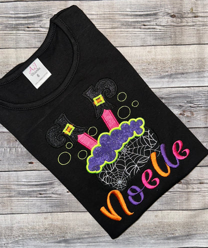 Halloween Shirt for girls. Witch in a pot Halloween shirt. A colorful embroidered design on a black cotton shirt. Personalized halloween shirt