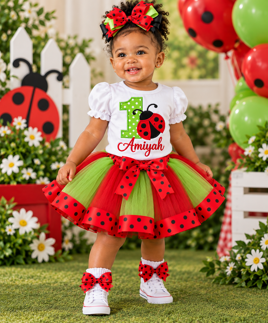 A toddler stands outdoors wearing a ladybug-themed first birthday outfit with a white top, red and green polka-dot tutu skirt, matching bow headband, and white shoes with red bows. The background includes grass, flowers, a white picket fence, and red and green balloons.
