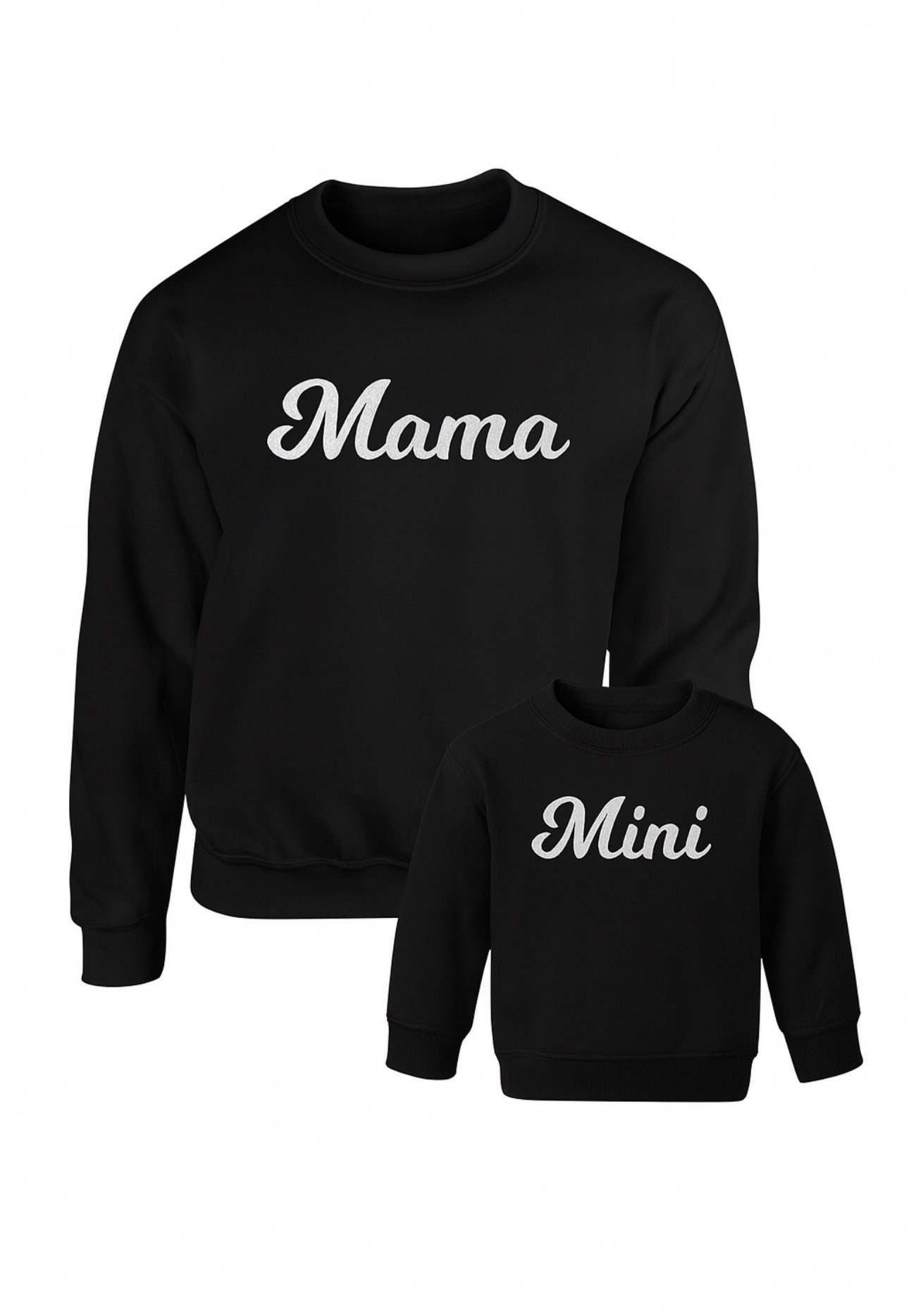 Black Sweatshirt with white thread embrioidery featuring the words Mama and Mini in a script font, Laid flat for display