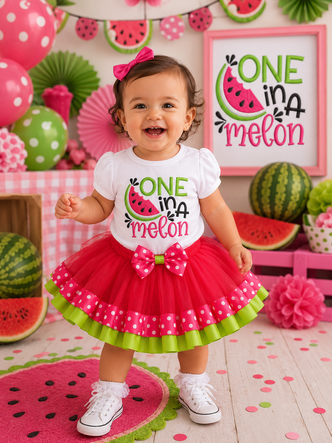 one in a melon birthday outfit for girls featuring an embroidered watermelon, birthday shirt and ribbon trim tutu skirt for a first birthday celebration