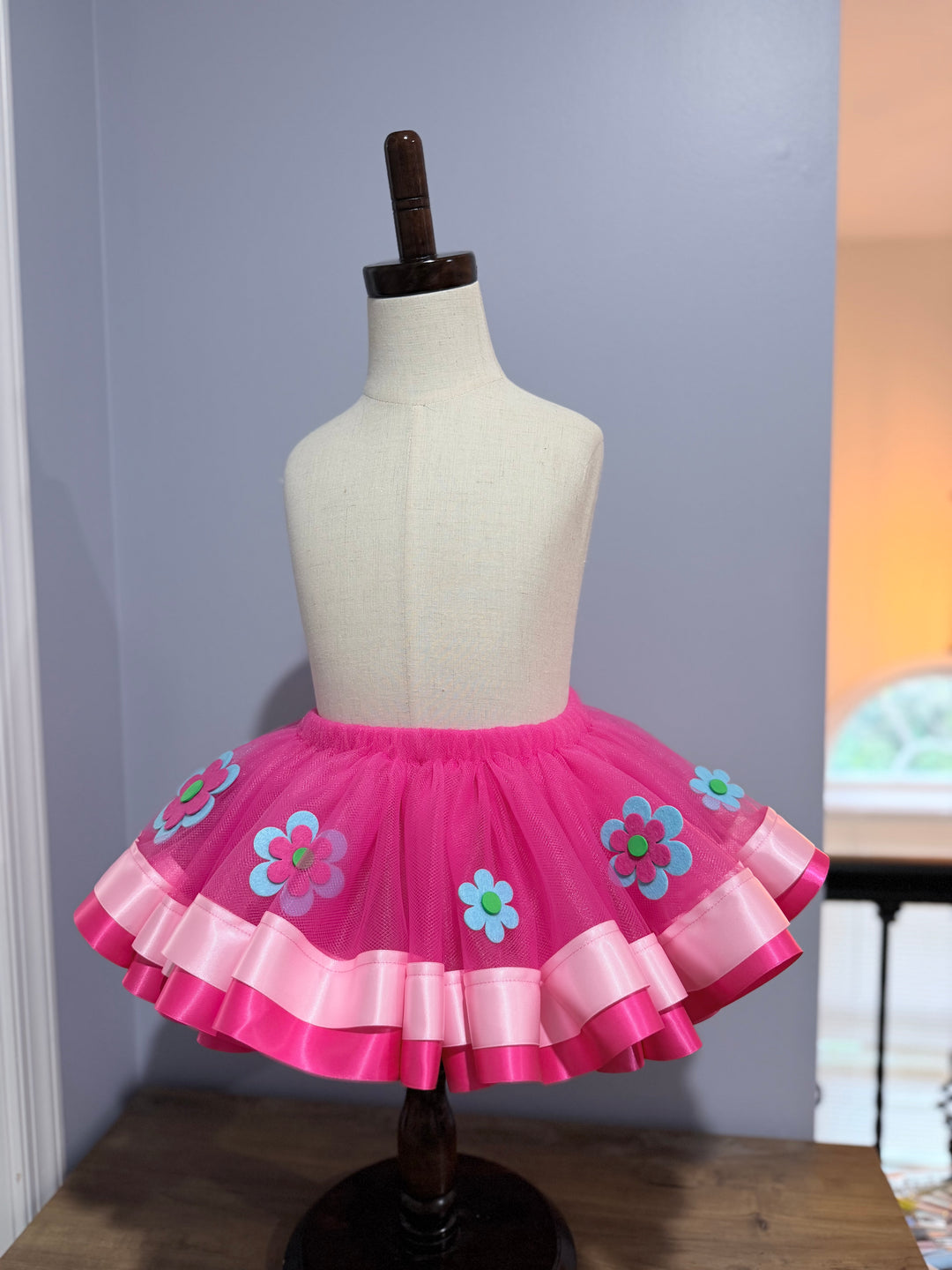 Personalized Trolls Poppy birthday outfit with glitter number 3, child’s name, pink tutu, and satin bow