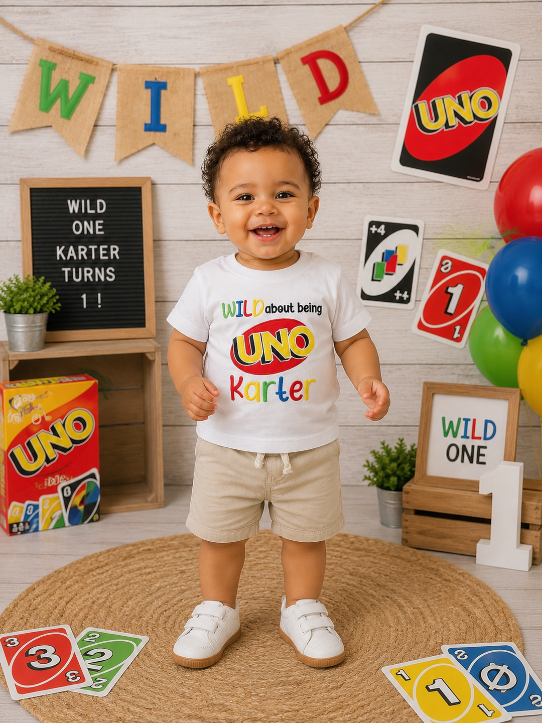 Toddler boy wearing a personalized Wild About Being UNO first birthday shirt with custom name embroidery during an UNO-themed first birthday celebration and cake smash photoshoot.